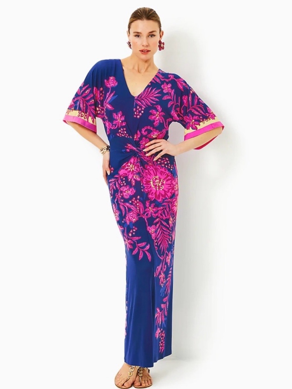 Lilly Pulitzer Blue Maxi Dress with Bright Pink Floral Print